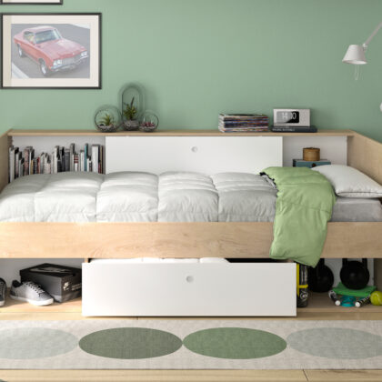 Alicia κρεβάτι μονό 116x204x79εκ. ( για στρώμα 90x200εκ. ) με αποθηκευτικούς χώρους Λευκό/Natural Chestnut