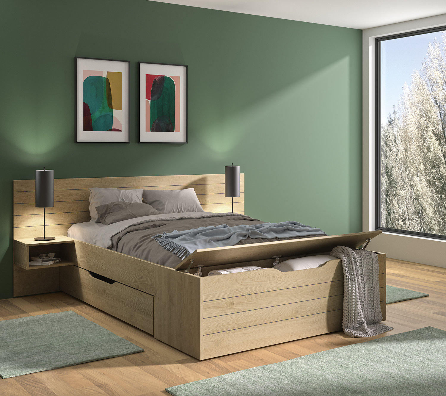 Delta κρεβάτι διπλό All-in-One με αποθηκευτικούς χώρους 217x221x90εκ. ( για στρώμα 140x190εκ. ) Blond Oak