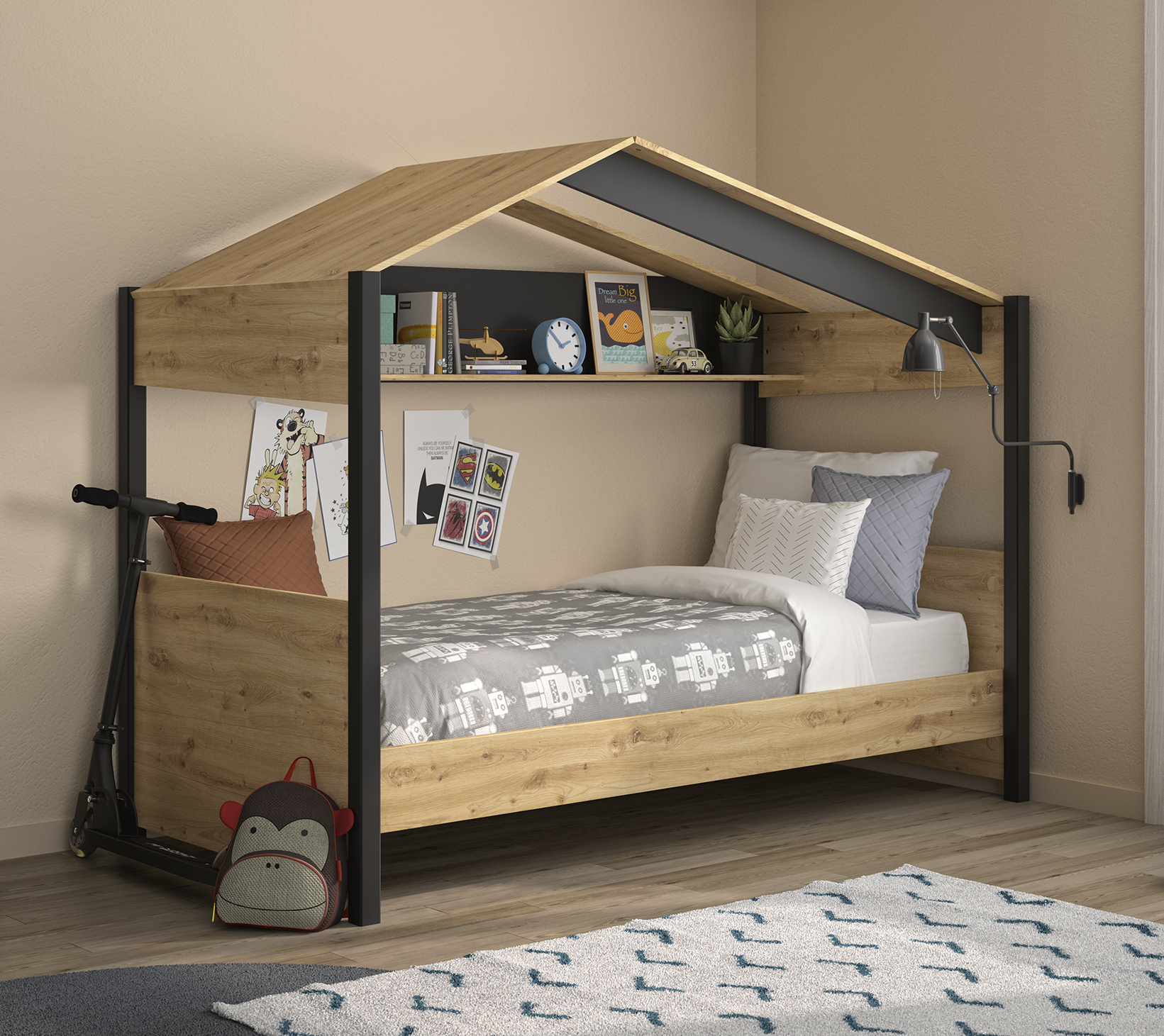 Dakar Παιδικό Κρεβάτι "Καλύβα" 105x207εκ. (για στρώμα 90x200εκ. ) Artisan Oak / Black