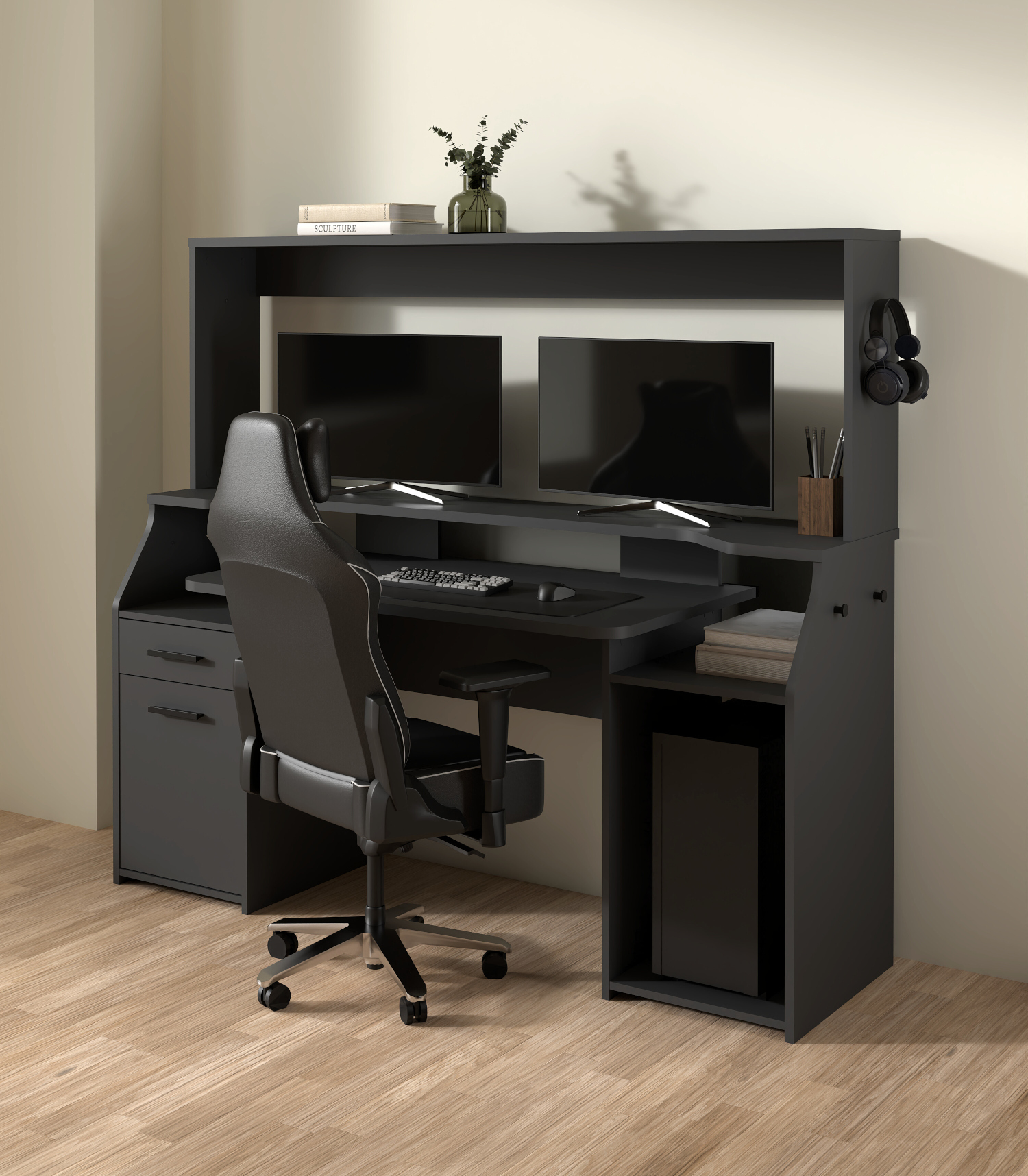 Function Plus Gaming γραφείο με 1 πόρτα και 1 συρτάρι 171x62,2x149,6εκ. Γκρι