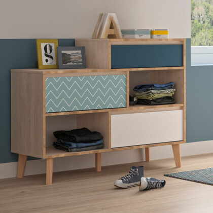 Larvik Συρταριέρα με 3 συρτάρια 110x40x93/72εκ. Blond Oak/Λευκό/Μπλε