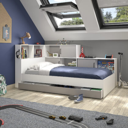 Erwan κρεβάτι μονό 120x221εκ. ( για στρώμα 90x200εκ. ) Moon Grey/White με αποθηκευτικό συρτάρι