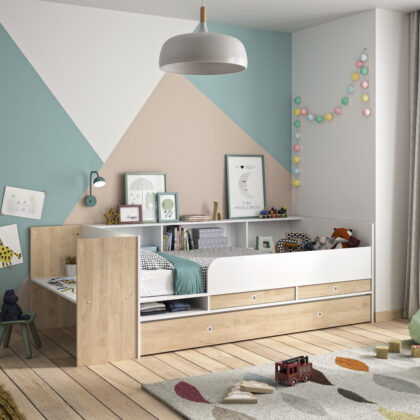 Ewen Κρεβάτι πολυμορφικό μετατρεπόμενο 244/259x110x79εκ. ( για στρώμα 90x140/200εκ. ) με αποθηκευτικούς χώρους και γραφείο Blond Oak / Λευκό