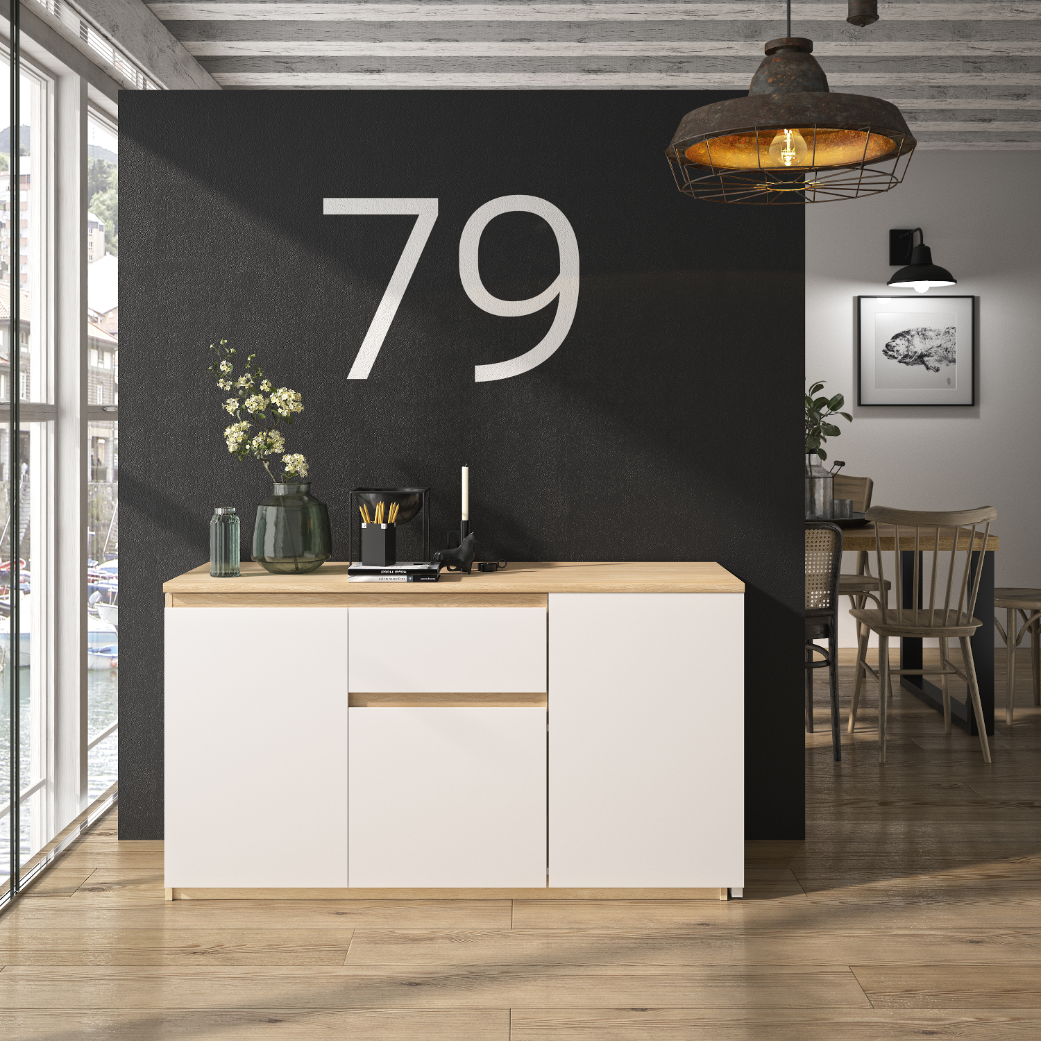 Gibril Μπουφές μετατρεπόμενος σε γωνιακό γραφείο 136/133x45/155x75εκ. Blond Oak/ Λευκό