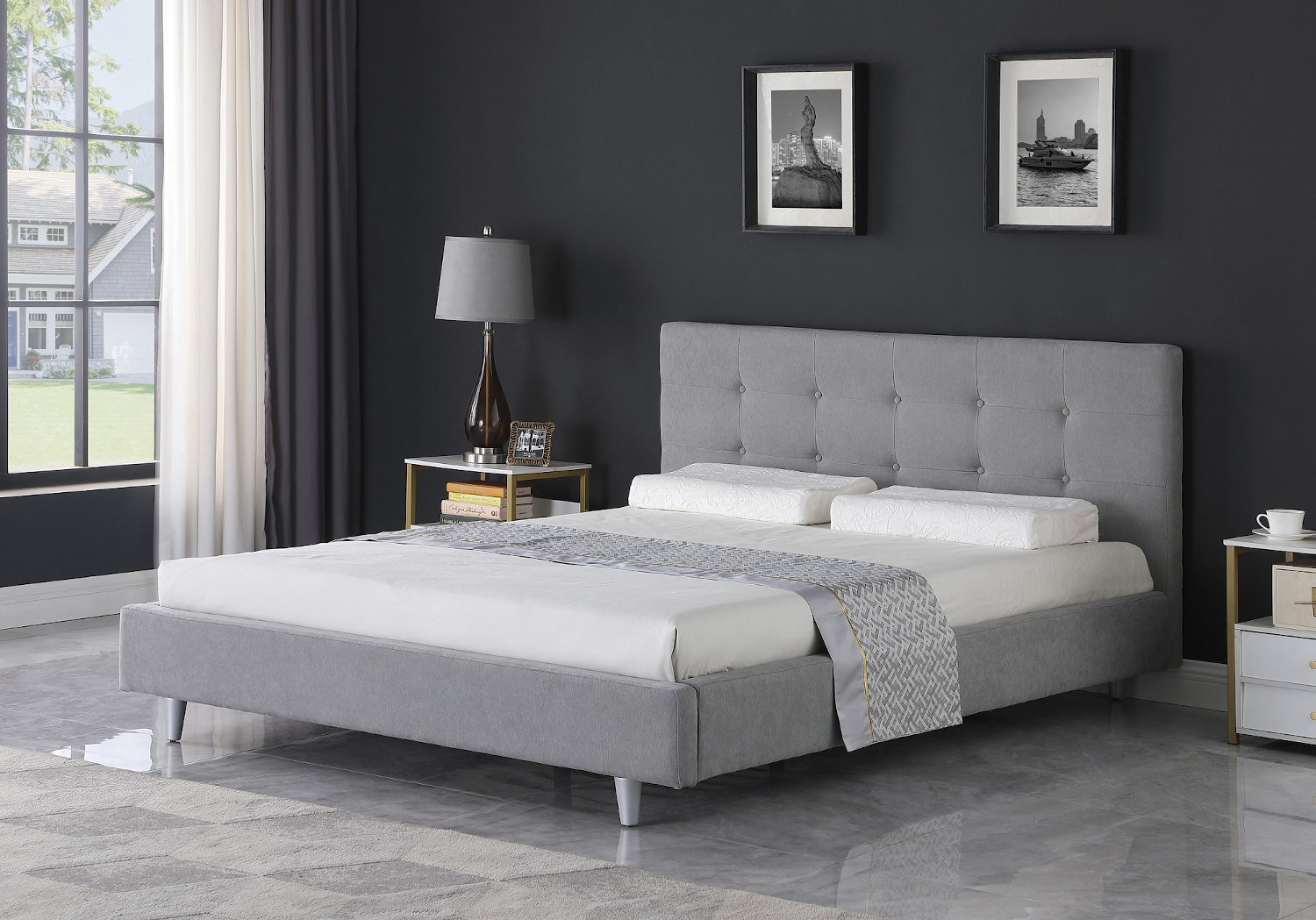 Carter ντυμένο διπλό κρεβάτι 174x217εκ. ( για στρώμα 160x200εκ. ) Γκρι ανοιχτό με ανατομικό πλαίσιο