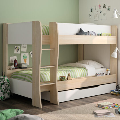 Roomy Κουκέτα παιδική με 2 μονά κρεβάτια, αποθηκευτικό συρτάρι & σκάλα , 209X130X145εκ. Ανοιχτό Δρυς/Λευκό