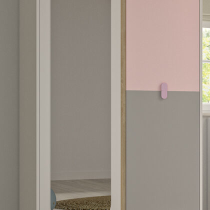 Lucia ντουλάπα με 2 πόρτες και καθρέφτη 94x58x185εκ. Λευκό / Ροζ / Γκρι