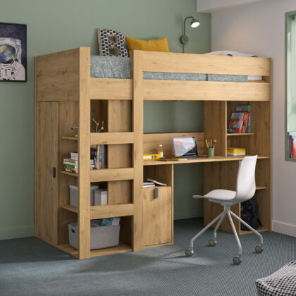 Lugano πολυμορφικό υπερυψωμένο κρεβάτι με σκάλα, γραφείο,βιβλιοθήκη & ντουλάπα 205x99x169εκ. ( για στρώμα 90x200εκ. ) Artisan Oak