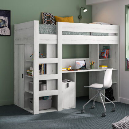 Lugano πολυμορφικό υπερυψωμένο κρεβάτι με σκάλα, γραφείο,βιβλιοθήκη & ντουλάπα 205x99x169εκ. ( για στρώμα 90x200εκ. ) Whitewashed Oak