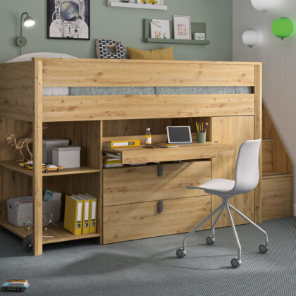 Mael πολυμορφικό υπερυψωμένο κρεβάτι all-in-one με σκάλα, γραφείο, βιβλιοθήκη & ντουλάπα 246x97x138εκ. Viking brown oak