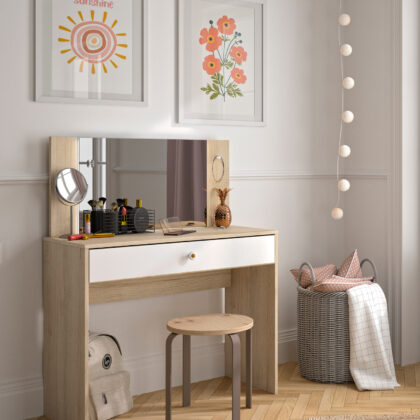 Makeup μπουντουάρ με ένα συρτάρι και καθρέφτη 94x44x121/77εκ. Natural Chestnut / Λευκό