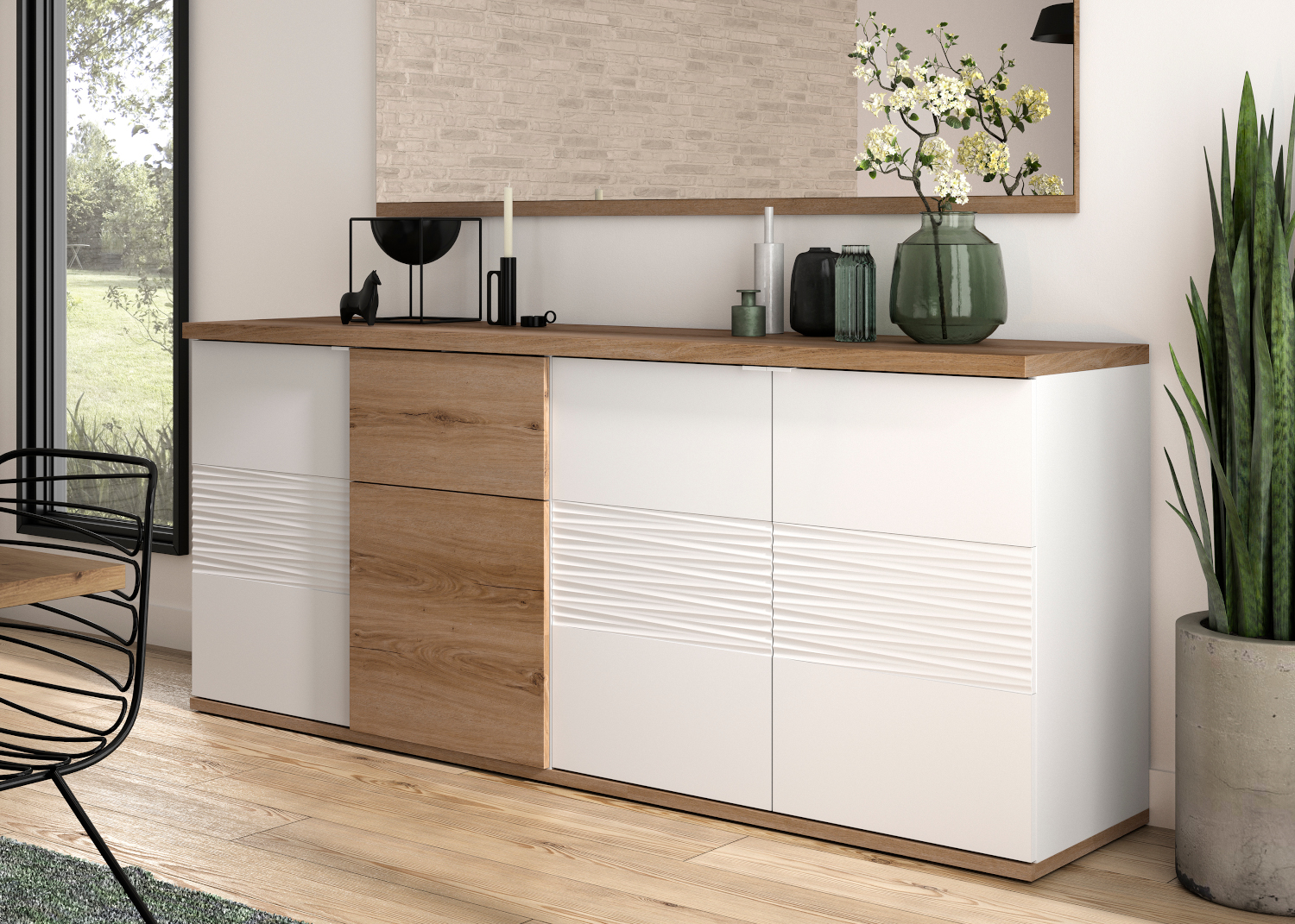 Otello μπουφές με 4 πόρτες και 1 συρτάρι 208x47x87εκ. Helvezia Oak / Λευκό