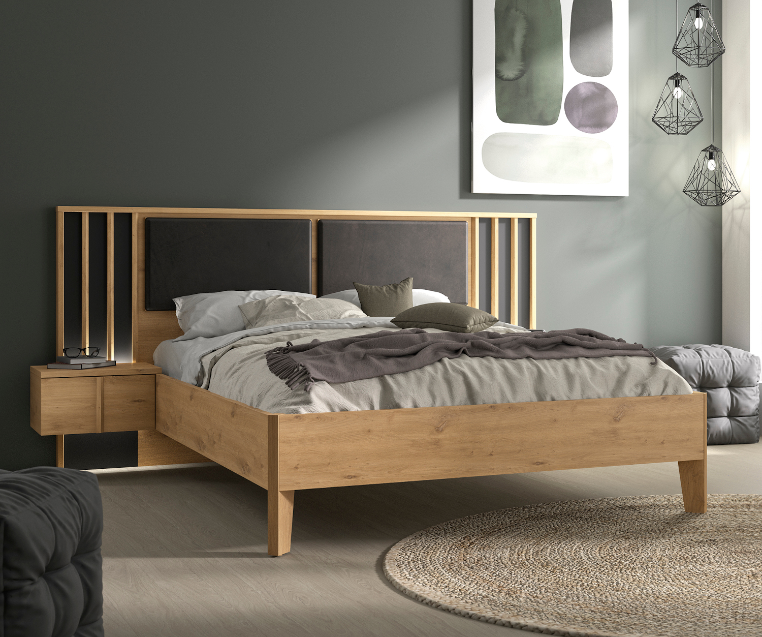 Rivoli κρεβάτι διπλό 249x208x93εκ. ( για στρώμα 160x200εκ. ) με δύο κρεμαστά κομοδίνα , κρυφό φωτισμό στα κομοδίνα Artisan Oak / Black