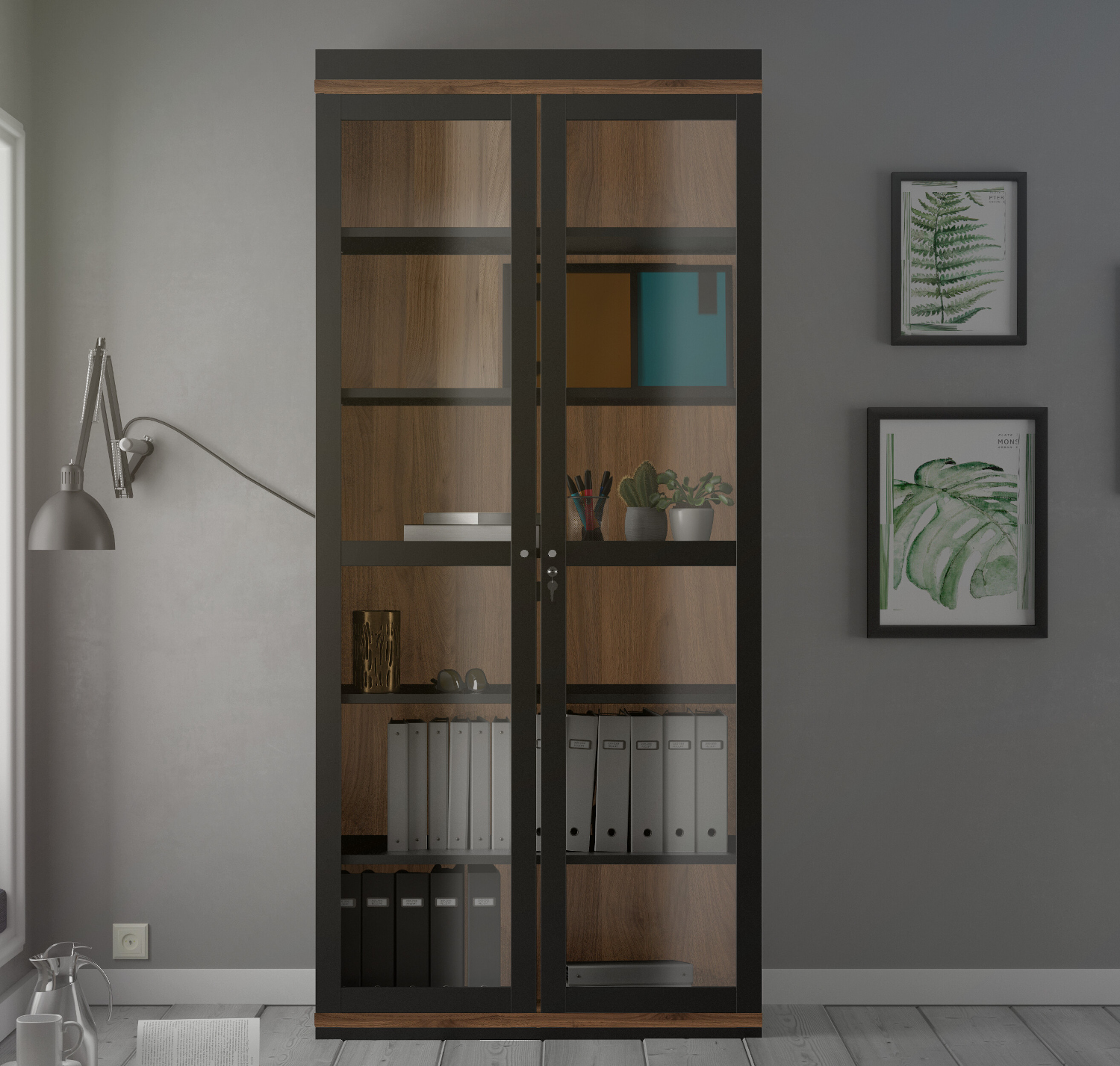 Roomers βιτρίνα με 2 πόρτες 88,7x36,25x200,4εκ. Μαύρο / Καρυδί