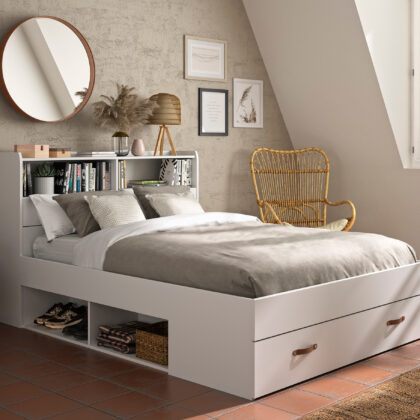 Sabia κρεβάτι διπλό με αποθηκευτικούς χώρους, βιβλιοθήκη στο κεφαλάρι 145x224x105εκ ( για στρώμα 140x190εκ ) Λευκό