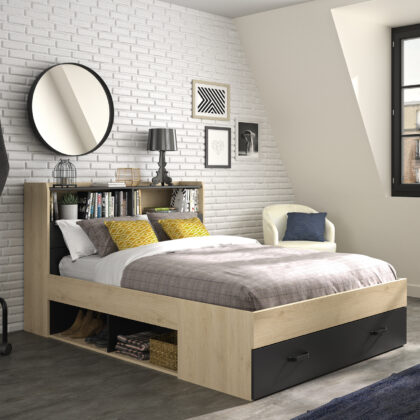 Sabia κρεβάτι διπλό με αποθηκευτικούς χώρους, βιβλιοθήκη στο κεφαλάρι 145x224x105εκ ( για στρώμα 140x190εκ. ) Natural chestnut / Black