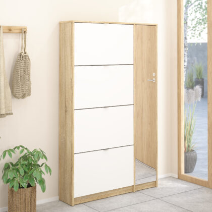 Shoes παπουτσοθήκη με 4 πτυσσόμενες πόρτες και 1 ντουλάπι με καθρέφτη ( έως 24 ζευγάρια παπούτσια ) 98,8x24x162εκ. Δρυς / Λευκό γυαλιστερό