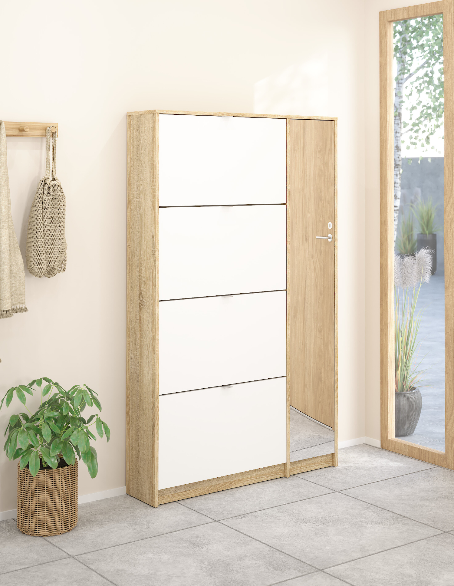 Shoes παπουτσοθήκη με 4 πτυσσόμενες πόρτες και 1 ντουλάπι με καθρέφτη ( έως 24 ζευγάρια παπούτσια ) 98,8x24x162εκ. Δρυς / Λευκό γυαλιστερό