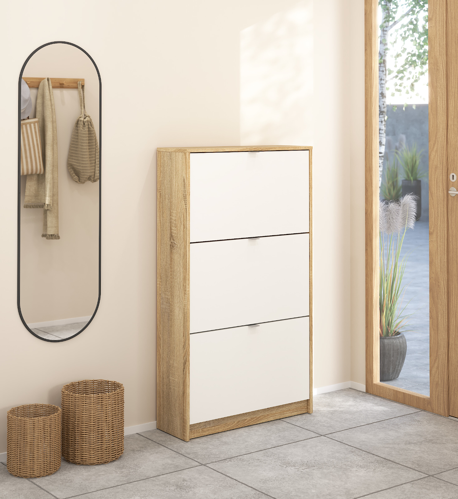 Shoes παπουτσοθήκη με 3 πτυσσόμενες πόρτες ( έως 18 ζευγάρια παπούτσια ) 70,3x24x123,6εκ. Λευκό / Δρυς