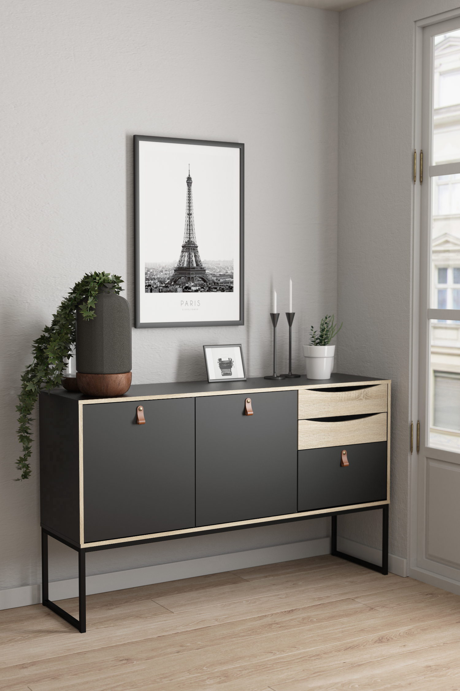 Stubbe μπουφές με δυο πόρτες και τρία συρτάρια 147,2x40x86,6εκ. Μαύρο / Δρυς