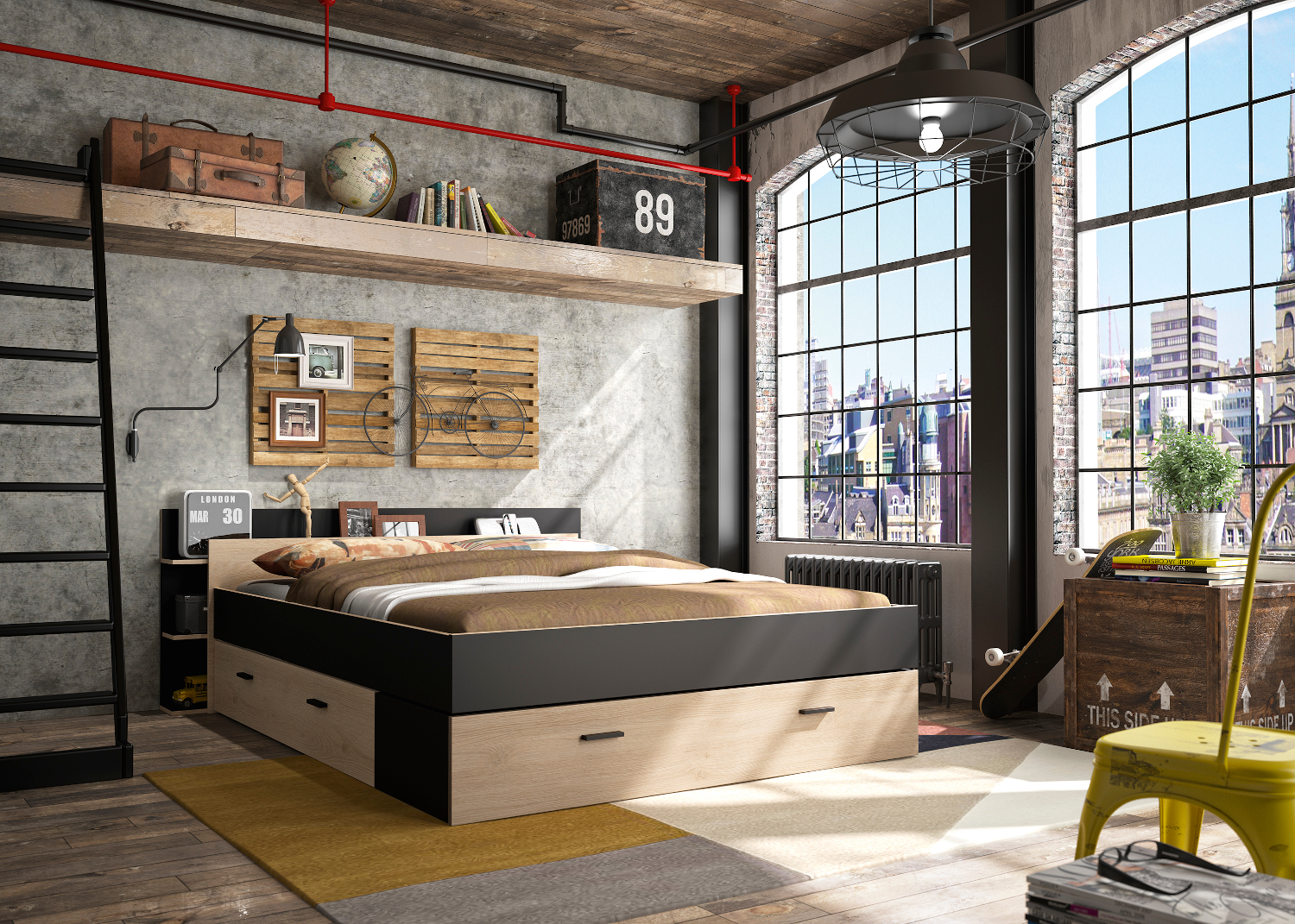 Tonight Κρεβάτι διπλό με αποθηκευτικούς χώρους 191x221εκ. ( για στρώμα 160x200εκ. ) Black/Natural Chestnut