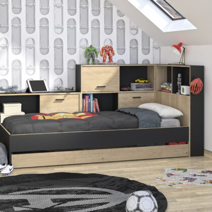 Erwan κρεβάτι μονό 120x221εκ. ( για στρώμα 90x200εκ. ) Black/Natural Chestnut με αποθηκευτικό συρτάρι